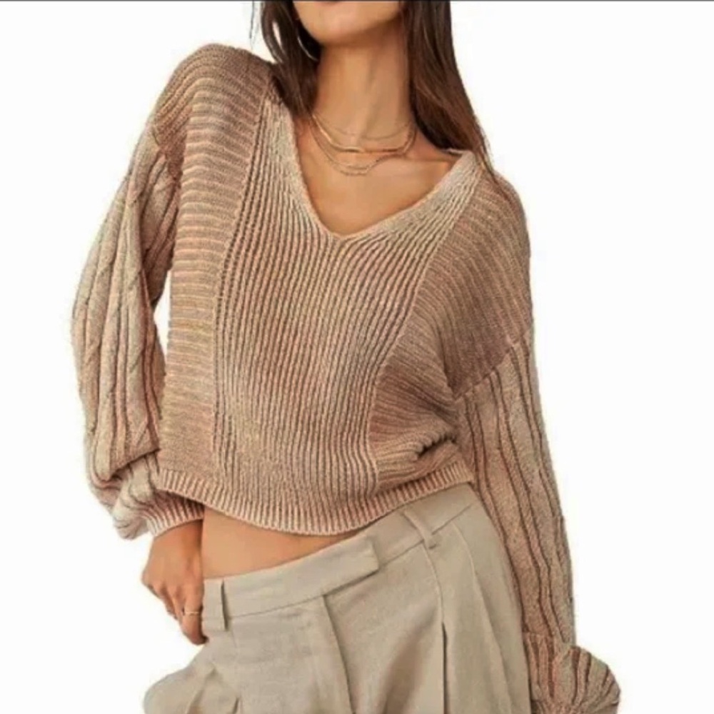 FREE PEOPLE WHEN IT RAINS V NECK SWEATER SANDSTONE EXTRA LARGE